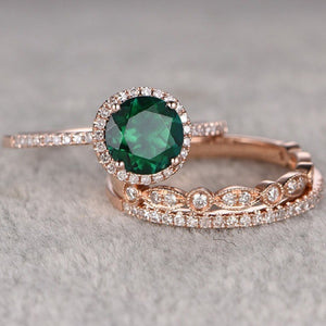 3Pcs Green Crystal Rose Gold Ring