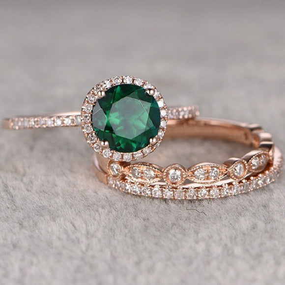 3Pcs Green Crystal Rose Gold Ring